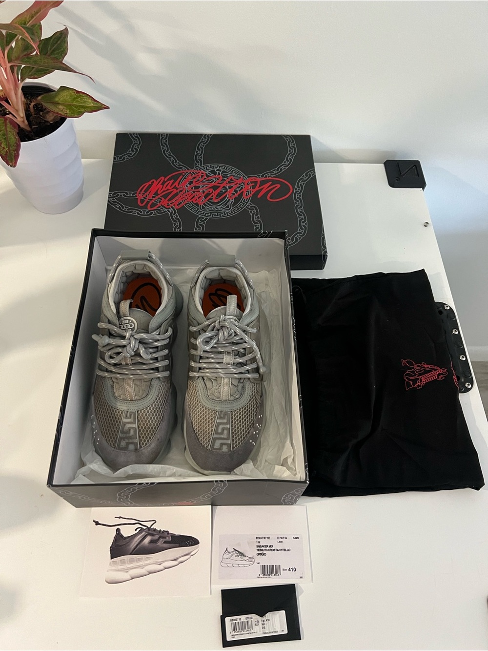 Versace Men's Gray & Silver Chain-Detail Sneakers